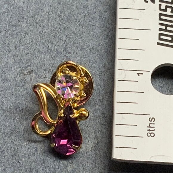 Guardian Angel Tack Pin Brooch 1 In Purple Clear Rhinestone Gold Butterfly Wing - Picture 5 of 5